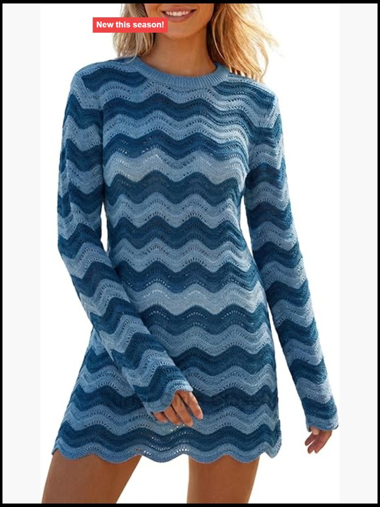 Crochet Knit Long Sleeve Mini Dress Cover Up Beachwear